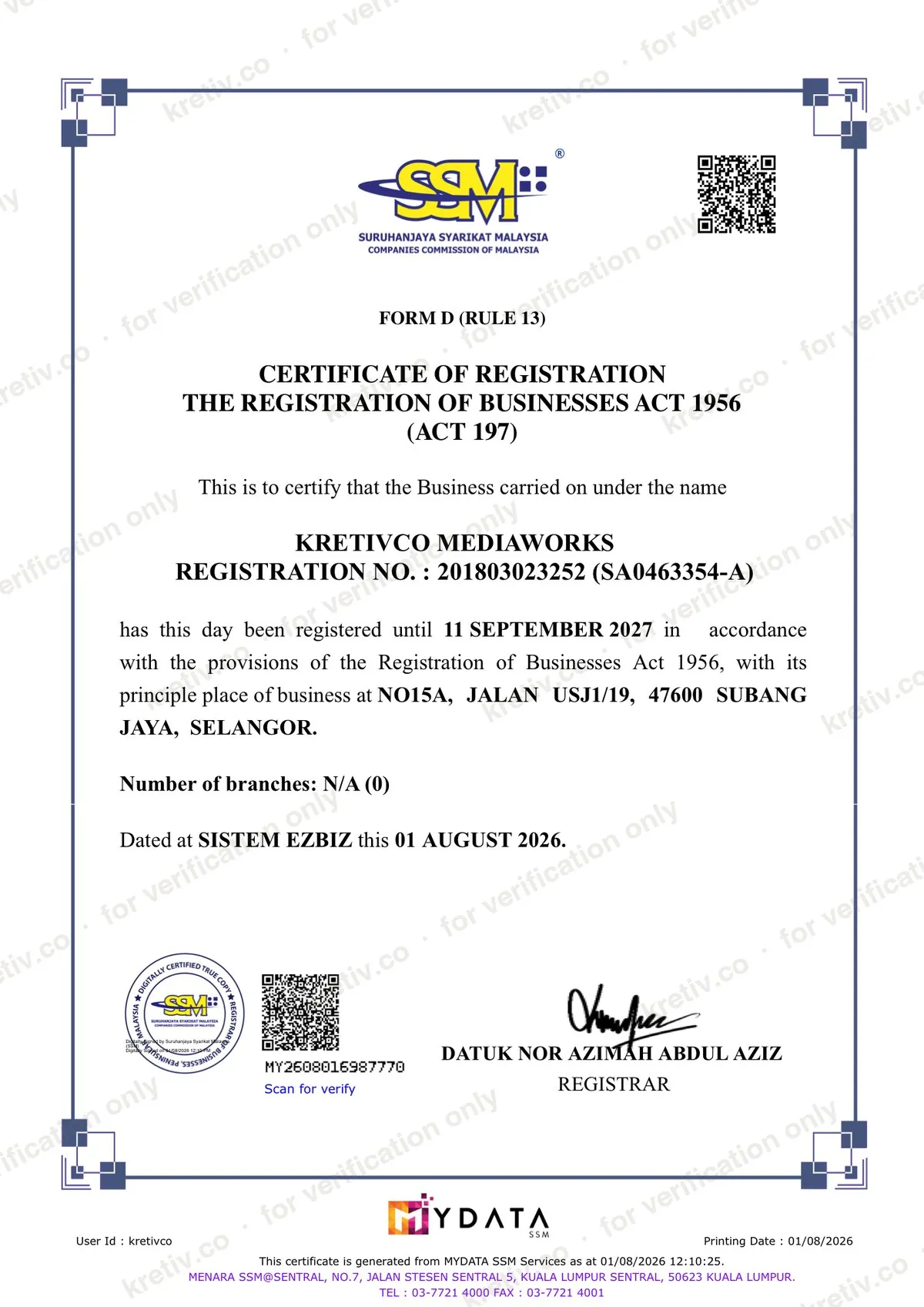 SSM Certificate of Registration for Kretivco Mediaworks, registration number 201803023252 (SA0463354-A), registered until 11 September 2027