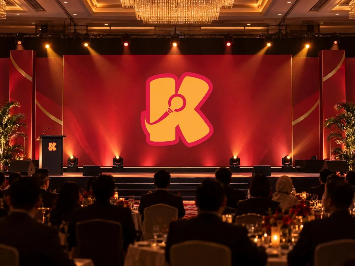 Illustration: corporate launch stage with a red backdrop and the Kretivco K