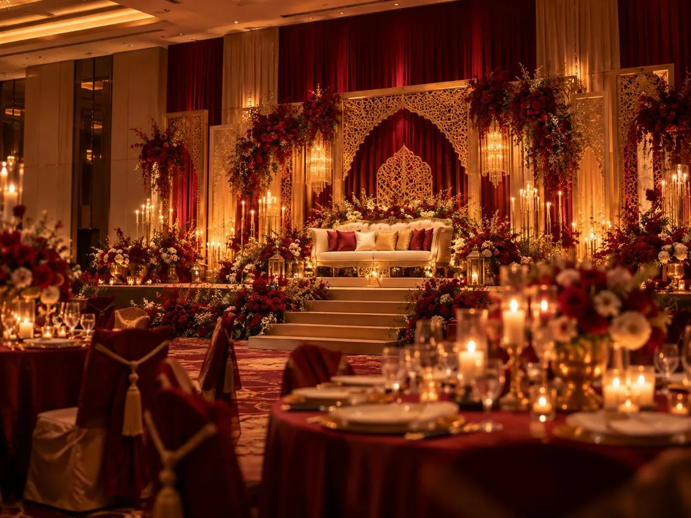 Illustration: wedding pelamin decorated in red and gold