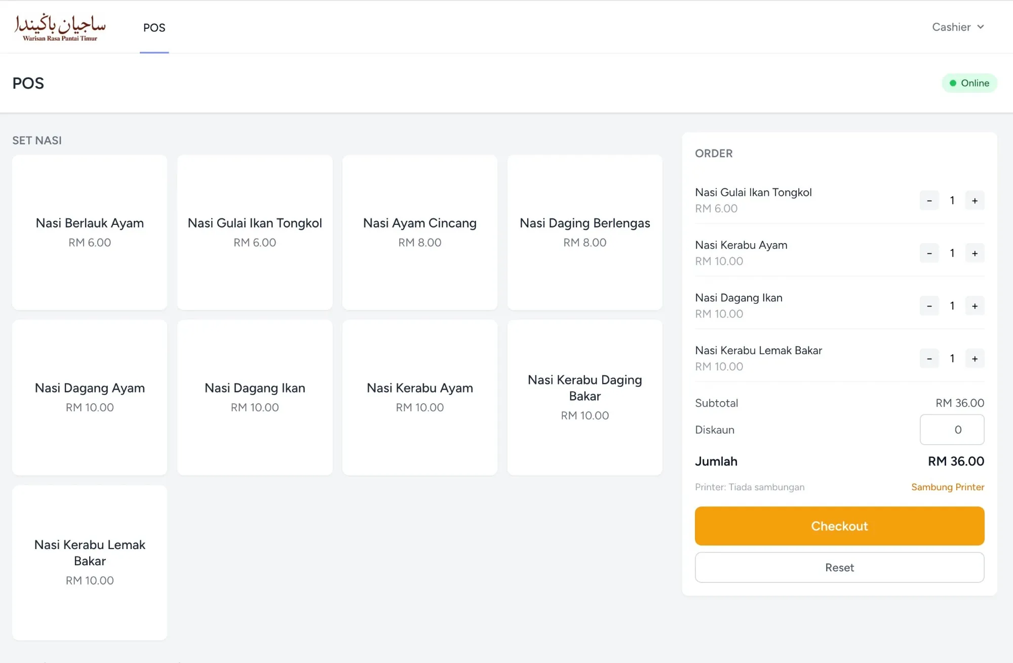 KretivPOS order screen with menu items and an open order