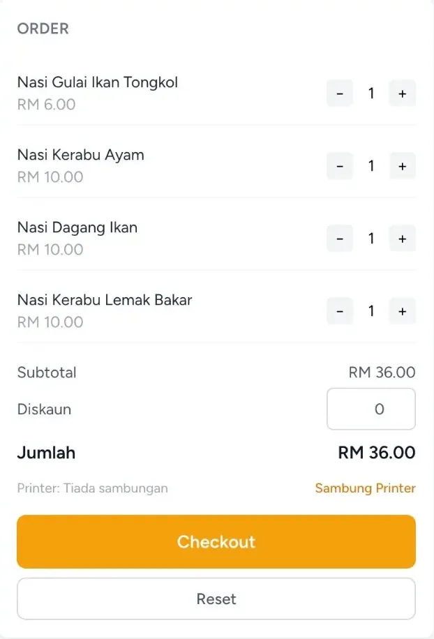 KretivPOS order panel with subtotal, discount and checkout